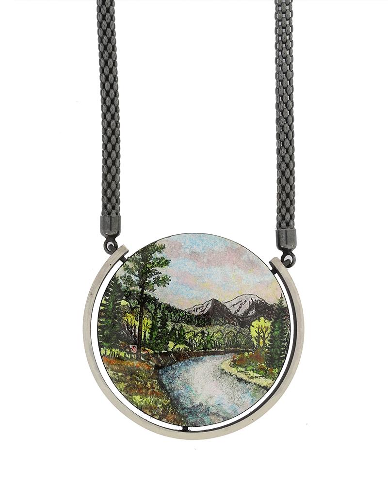 River Scene enamel silver pendant