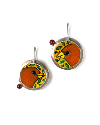 Orange Birds on Gold Earrings